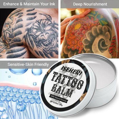 ISEHERI Tattoo Balm & Aftercare Cream: Color Enhancement that Revives Old Tattoos; Hydrates New Tattoos; Made With Natural Ingredients and Petroleum Free. Tattoo Cream for Old and New Tattoos - 3.53OZ
