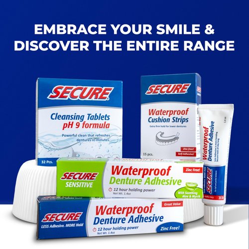 Secure Denture Adhesive Cream for Uppers, Lowers & Partials – Waterproof Seal & Zinc Free – Food Grade Ingredients - Less Adhesive, More Hold - Tube Lasts Up to 8 Weeks - 1.4 oz (4 Pack)