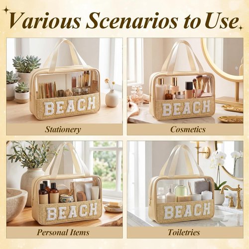 Kajaia Clear Beach Bag - Large Woven Transparent Makeup & Toiletry Organizer | Beige Chenille Letter Design