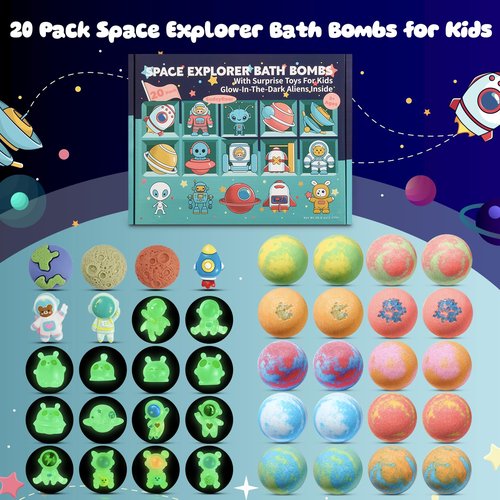 20 Pack Galaxy Bath Bombs for Kids with Space Explorer Toys, Cosmic Adventure Kids Bath Bombs with Astronauts, Rockets, Planets & Glow-in-The-Dark Aliens Inside,End-of-School Year Gifts