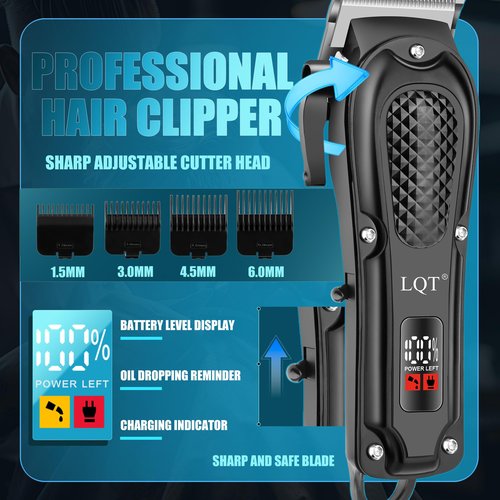 LQT Hair Clippers for Men, Professional Rechargeable Cordless Clippers for Men Electric Beard Trimmer Nose and Ear Hair Trimmer with Comb, Wrap, Bag, Men's Birthday Christmas Gifts