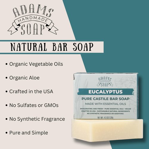 Adams Handmade Soap Eucalyptus Pure Castile Bar Soap – 4.5 oz | Vegan, Cold Process, Essential Oils, 84% Organic, Fair Trade, No Additives, USA Made