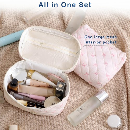 RSRSLEII 3Pcs Aesthetic Cotton Quilted Drawstring Makeup Bag Set, Aesthetic Cute Bow Makeup Pouch for Girls and Women, Aesthetic Travel Organized Cosmetic Bags for Purse(01Bear)