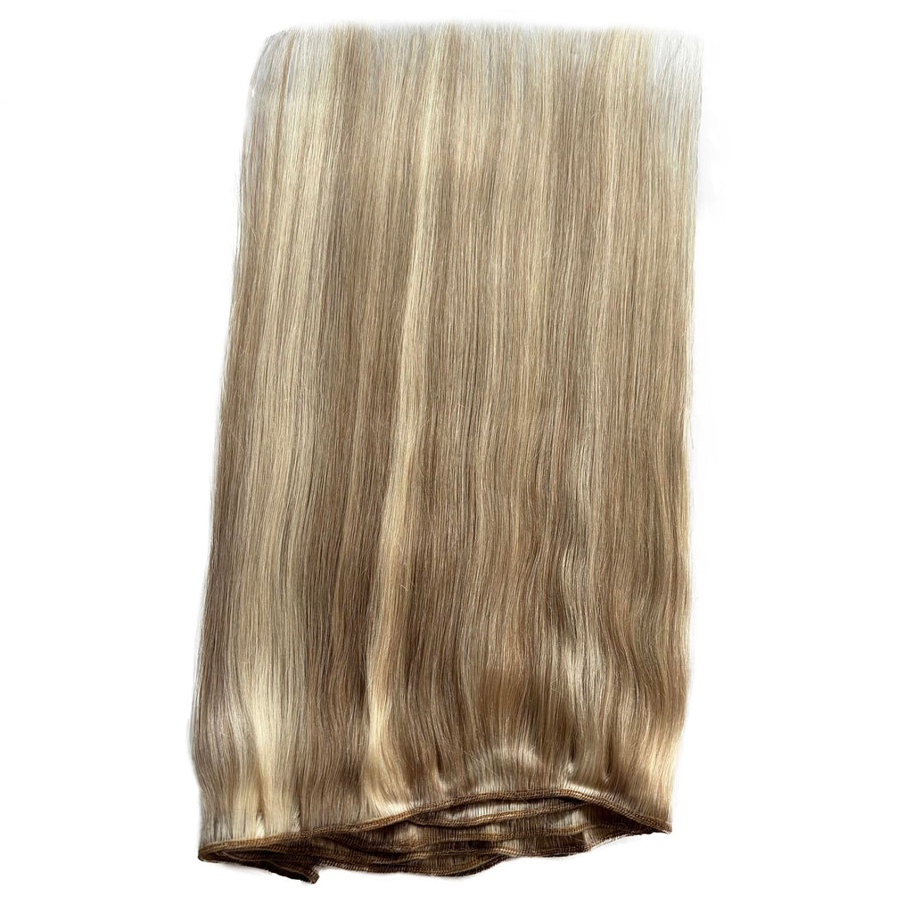 Weft Hair Extensions Sew in Real Human Hair Bundle Ash Blonde and Platinum Human Hair Extensions Hand Tied 12 Inch 80G Soft Straight Sew in Bundles Mixed with Blonde Highlights for Length/Volume