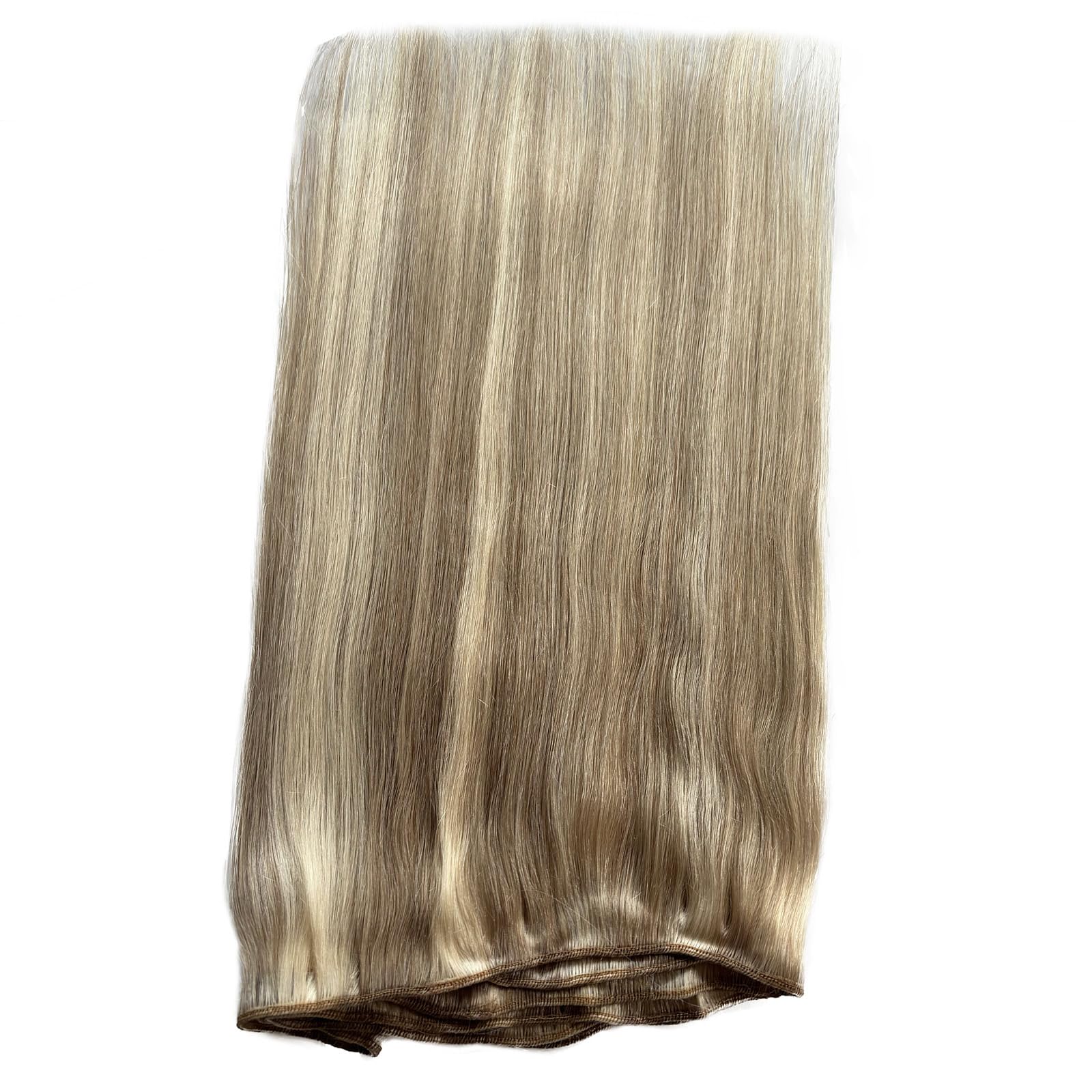 Weft Hair Extensions Sew in Real Human Hair Bundle Ash Blonde and Platinum Human Hair Extensions Hand Tied 12 Inch 80G Soft Straight Sew in Bundles Mixed with Blonde Highlights for Length/Volume