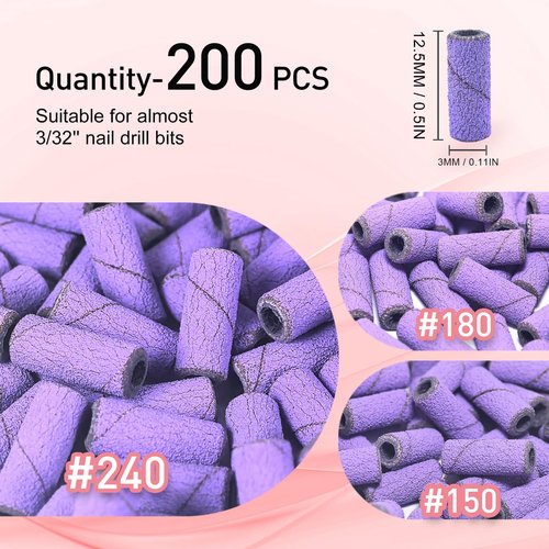 Small Sanding Bands Nail Drill Bits, Corfulra 200PCS Sanding Bands for Nail Drill with 2 3.1mm Mandrel bits, 240 Extra Fine Grit Nail File for Acrylic Nails Gel Manicures and Pedicure, Purple