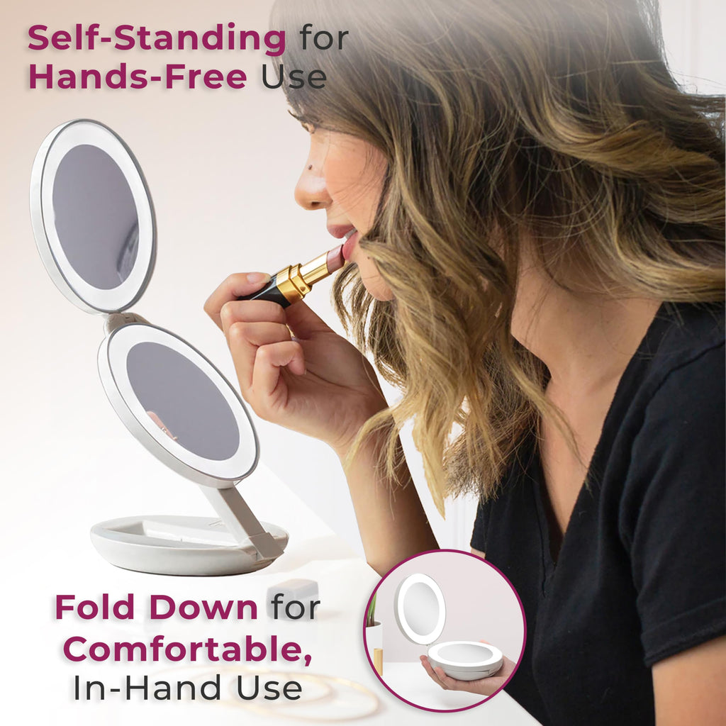 Zadro Compact Travel Makeup Mirror with Lights, 10X/1X Dual Magnification, LED Lighted Folding Design, Battery Operated Portable Mirror for Purse, Desk, or Travel Use (Chocolate)