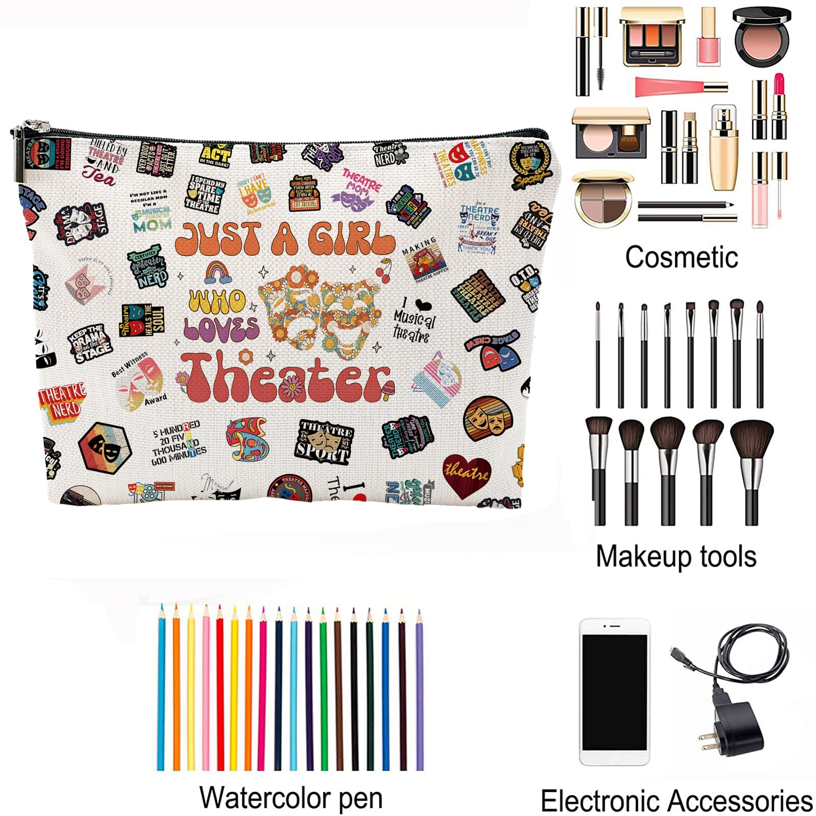XYZONE Theater Gifts Theater Lovers,Broadway Musical Gift Makeup Bag Theatre Gifts Travel Toiletry Bag for Women Teen Girls Daughter Mom Grandma Birthday, white