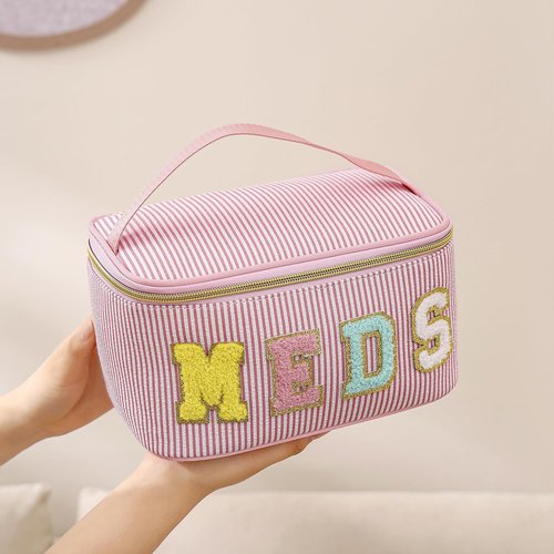uekeboag Personalized Chenille Letter Seersucker MEDS Makeup Bag,Large Size Medicine RX Cosmetic Bag with Top Handle, First Aid Travel Organizer Bag for Women Girls(03Purple)