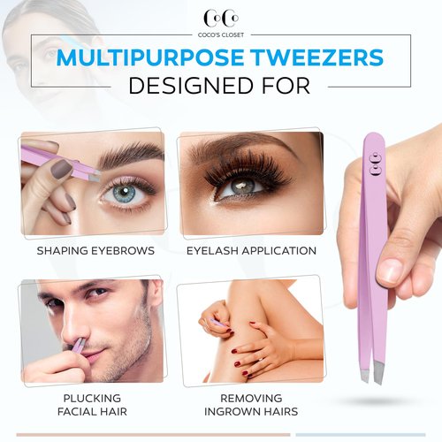 Precision Tweezers for Women Facial Hair - Stainless Steel Tweezers for Women and Men - Ideal for Eyebrow Shaping and Hair Removal - Slanted Tips, Durable and Ergonomic Grip Design
