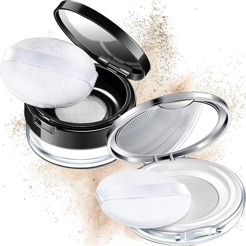 Cunhill Loose Powder Container Set - Reusable Plastic Cases with Puff & Mirror | 0.17/0.7 oz, Silver & Black