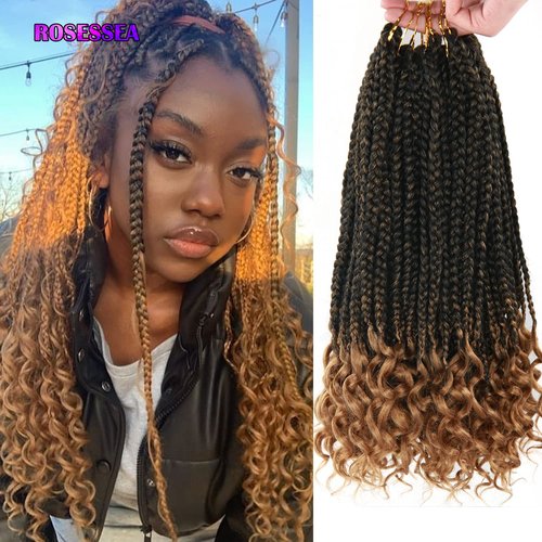14 Inch Crochet Box Braids Hair Curly Ends Ombre Brown Curly Wave Synthetic Box Hair For Braid 6Packs 22 Strands/pcs Crochet Braids For Women(14inch, 1B/27#) …
