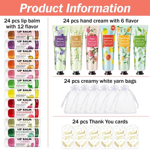 AZEN 24 Sets Bulk Gifts, Hand Cream and Lip Balm Bulk Set with Organza Bag Thank You Card, Baby Shower Wedding Gifts for Guests, Bridal Wedding Favors, Valentines Gift for Women