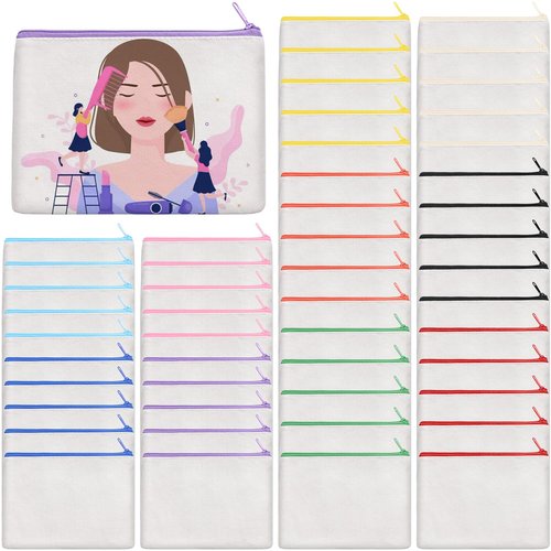 AMDAILY 50Pcs Canvas Makeup Bags Bulk, 7.87 x 5.7Inch Cotton Sublimation Blank DIY Heat Transfer Cosmetic Bag w/Colorful Zipper for Bridesmaid Makeup Bag Travel Toiletry Pouch Storage, Easter Craft