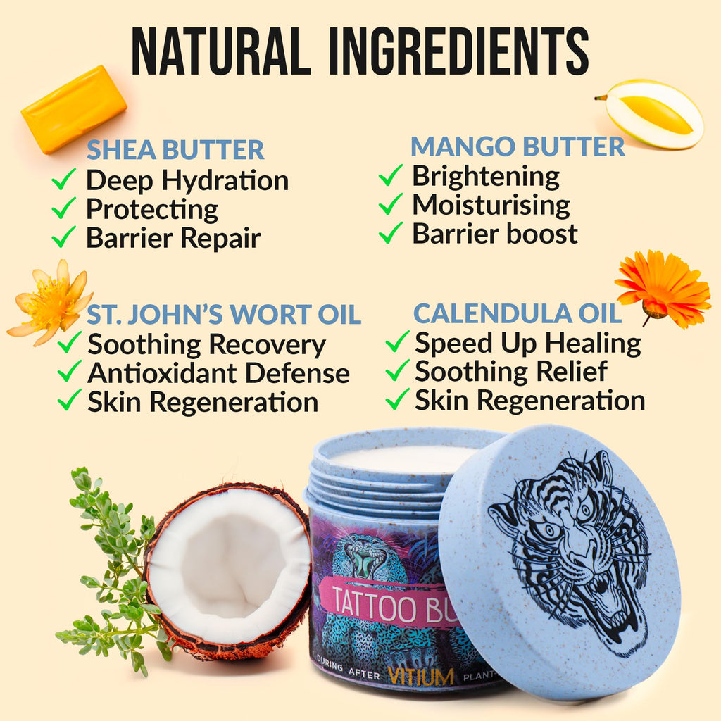 VITIUM Tattoo Butter – Tattoo Aftercare Balm with Organic Plant-Based Ingredients – Deep Moisturizing & Brightening for Vibrant Tattoos – Vegan, Natural, Soothing – Made in Italy - 5oz