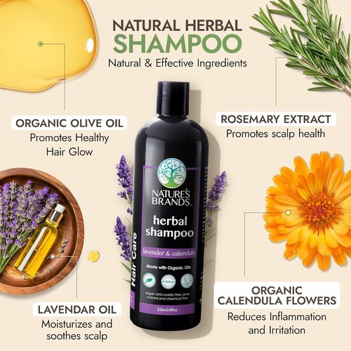 Nature's Brands - Herbal Choice Mari Natural Shampoo for Dry Hair - Organic Olive Oil & Rosemary Extract, 8 Fl Oz | Vegan & Cruelty-Free, Lavender & Calendula Infusion