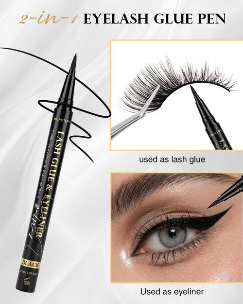 MERETON Lash Glue & Eyeliner Pen - 3-Second Quick Dry, 48H Waterproof, 2 in 1 Black Lash Adhesive for Strip Lashes, Long Lasting Strong Hold, Gentle for Sensitive Eyes (2ml / 0.07oz)