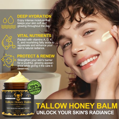 Beef Tallow for Skin, Whipped Tallow Honey Balm for Face -Grass Fed Beef Tallow & Raw Wild Honey - Organic Moisturizer for Soft, Smooth Skin- Light Scent, Moisturizing Natural Formula, 4.2 Oz