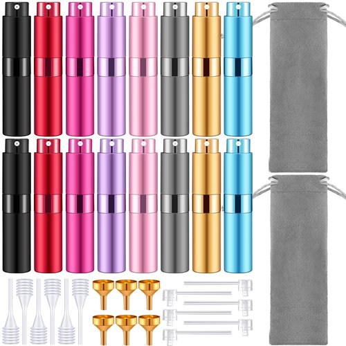 Honeydak 16 Pack 8 ml Refillable Perfume Atomizer Mini Refillable Spray Travel Bottles Empty Cologne Sprayer Portable Fragrance Atomizer with Funnel, Dispenser, Pipettes, Bag(8 Colors)
