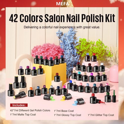 MEFA 46 Pcs Christmas Gel Nail Polish Kit, 42 Colors All Seasons Gel Polish Set Colorful Begginer Kit with Base Coat & Glitter/Glossy/Matte Top Coat Gel Nail Art Manicure DIY Salon Gifts for Girls