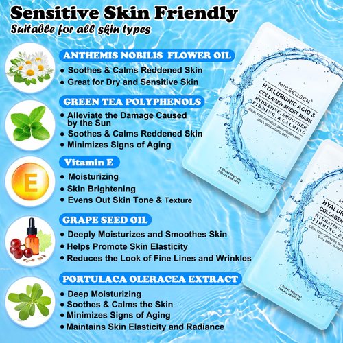 MISSEDSEN Collagen Face Mask with Hyaluronic Acid, Vitamin E Oil for Skin Care Hydrating, Moisturizing, Brightening & Anti Aging Face Masks Skincare for Oil, Dry, Acne, Sensitive All Skin Types 25PCS