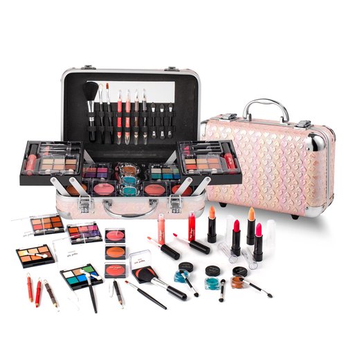 Hot Sugar All In One Makeup Set for Teenager Girls, Full Makeup Kit for Beginners Includes Eye Shadow Palette Blush Lip Gloss Lipstick Lip Pencil Eye Pencil Brush Mirror (Pink Heart)