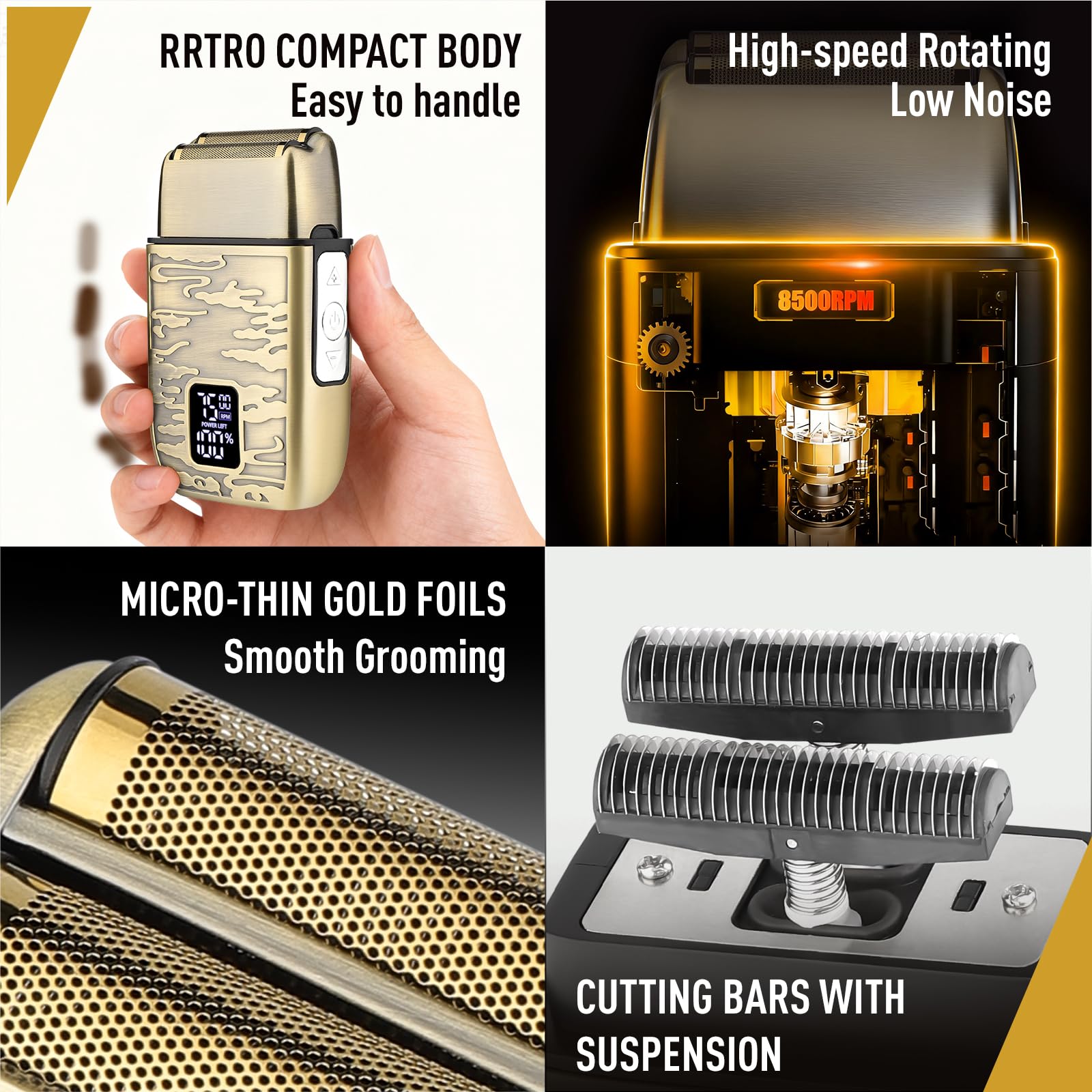 VNTGSHAVER Mens Foil Shavers, Beard Trimmers for Men Professional,Electric Shavers for Men, Mustache Trimmer Face Shaver, Wet/Dry Beard Shaver, 3 Peeds Electric Razor for Face (Bright Bronze)