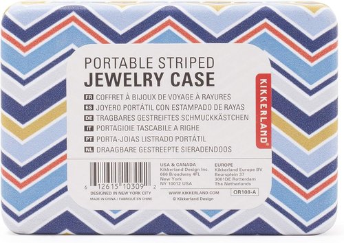 Kikkerland Portable Jewelry Storage Case with Mirror - Striped Travel Design, Random Style