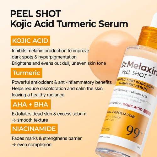Dr. Melaxin Peel Shot Kojic Acid Turmeric Serum – Exfoliating Dark Spot Corrector with AHA/BHA & Niacinamide, Brightening & Even Tone Facial Serum (80ml / 2.70 fl oz)