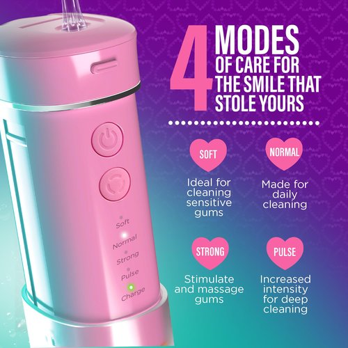 GuruNanda Valentine's Day Special Compact Water Dental Flosser, Portable Travel Size Oral Irrigator Flosser with Collapsible 180 ml Tank, Smart Timer, 4 Flossing Modes, TSA-Friendly - Pink
