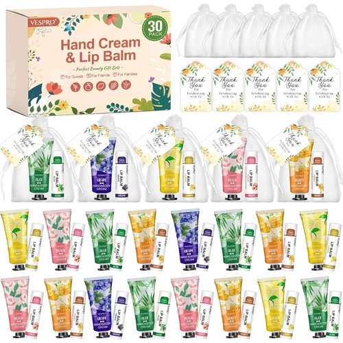 VESPRO Hand Cream and Lip Balm Set - 30 Pack Bulk Gift Set with Thank You Cards & Organza Bags | Perfect for Mother's Day, Weddings, Birthdays, Teacher & Nurse Appreciation