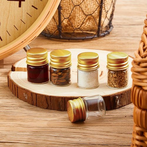 Tessco for you 100 Pcs 5 ml Mini Glass Bottles with Aluminum Cap Tiny Jars Mini Glass Jars Small Clear Vials with Screw Caps Tiny Containers for DIY Craft Storage (Gold)