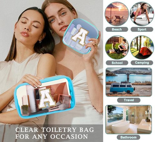 2pcs Personalized Initial Letter Clear Makeup Bag | Waterproof Nylon Preppy Cosmetic Bag | Travel Toiletry Bag | Monogrammed Gifts for Women Girl | Wedding Bridal Shower Gifts for Bridesmaids(Blue R)