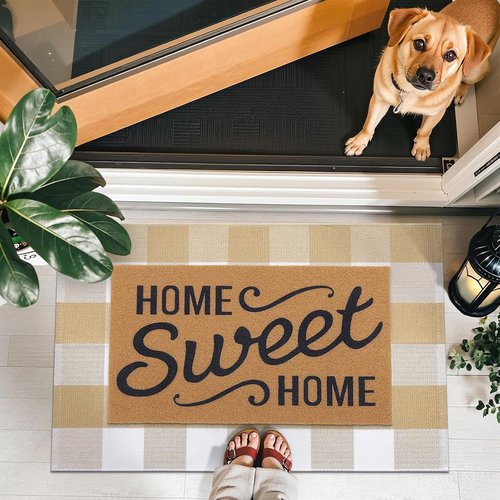 OLANLY Buffalo Plaid Rug - Washable Beige & White Cotton Checkered Doormat | 2' x 4'3" for Indoor/Outdoor Use