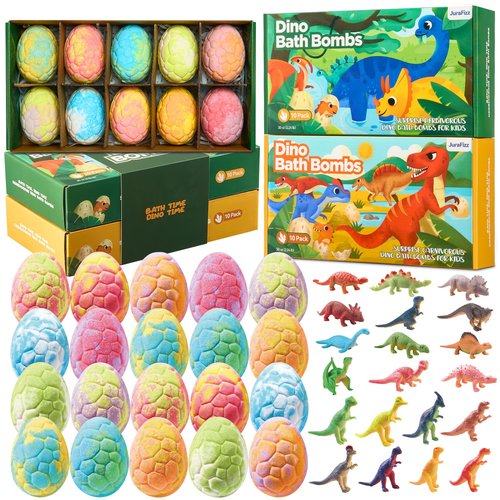 JuraFizz Dinosaur Bath Bombs for Kids with Surprise Inside, 20 Pack Natural Dino Egg Bath Bombs with Exclusive Carnivorous & Herbivorous Dinosaur Toys, Birthday Party Favors for Boys, Girls