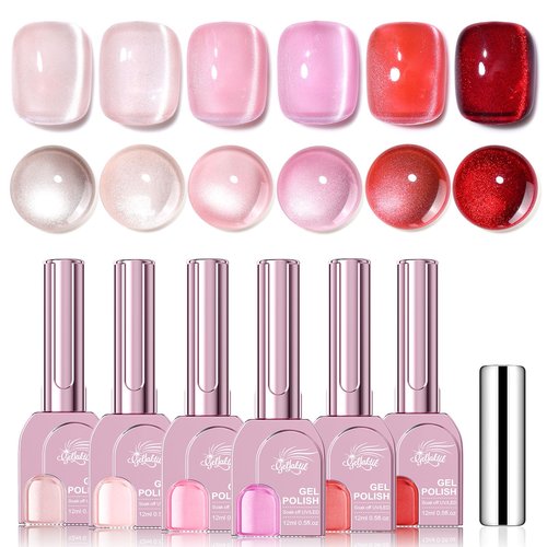 GELLAKTIK Cat Eye Gel Nail Polish Set, 6 Colors 12ML Spring Summer Glitter Magnetic Nail Polish Gel with Magnet, Soak Off UV LED for Home Salon Manicure Gift for Women