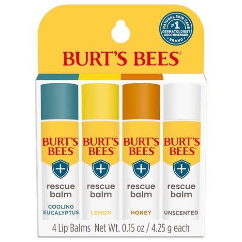 Burt's Bees Natural Rescue Lip Balm - Cooling Eucalyptus & Lemon | 4 Tubes of Hydration