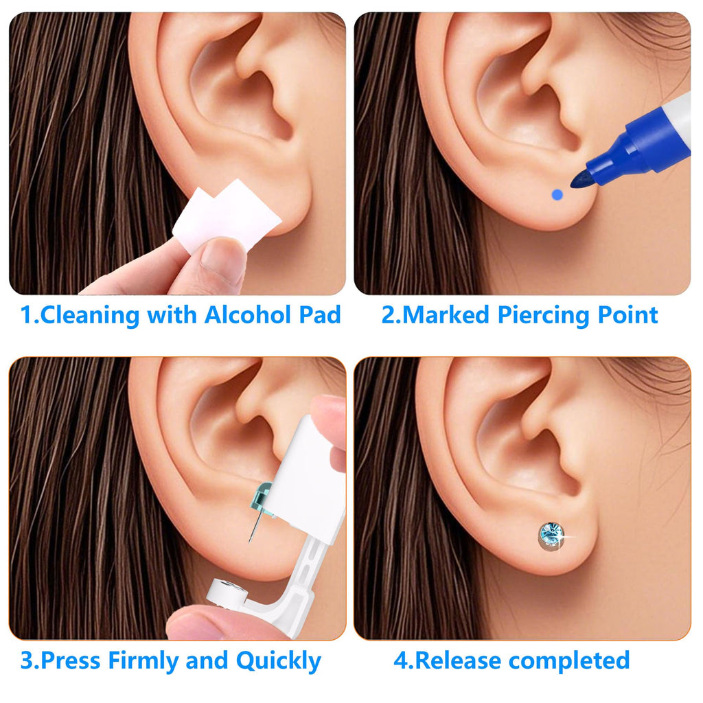 YINPAD Ear Piercing Kit, Disposable Piercing Gun Preloaded with Different Style Studs, at Home Self Piercer Kit (4 golden 4 silvery, Crown White)