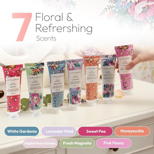 Laura Ashley Hand Cream Set - 7-Piece Travel Size Moisturizing Lotion Collection for Dry Skin | Floral Scents 30ml Each