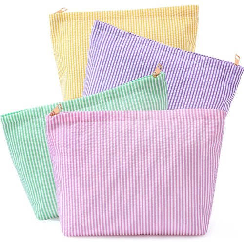 Sanwuta 4 Pcs Seersucker Makeup Bag for Women Stripe Cosmetic Bag Travel Toiletry Organizer Preppy Storage Pouch Valentines Galentines Gifts for Wedding Bridesmaid Mom(Pink, Green, Yellow, Purple)