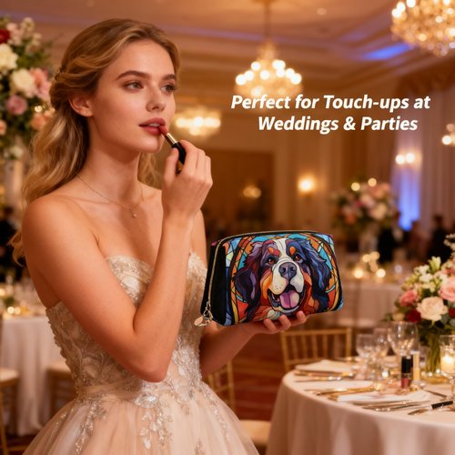 Novgift Bernese Mountain Stained Dog Breed Glass Art Leather Makeup Bag Travel Cosmetic Bag For Women Large Capacity Makeup Pouches