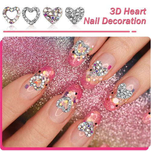 Leelosp 36 Pcs Heart Nail Charms for Nail Art, 3D Heart Rhinestone Decals Silver Crystal Charms Diamond Alloy Gems Decorations for Women Decoration