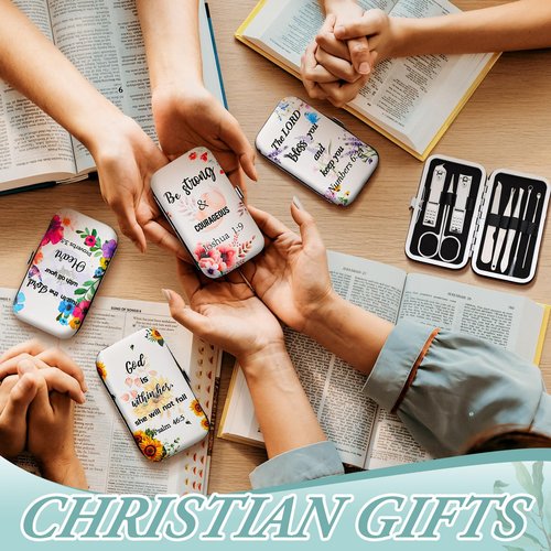 Lanties 10 Sets Christian Gifts Bulk for Women Church Bible Manicure Sets Floral Scripture Stainless Steel Nail Clipper Set Religious Gift for Employee Teacher Christmas Party Supplies