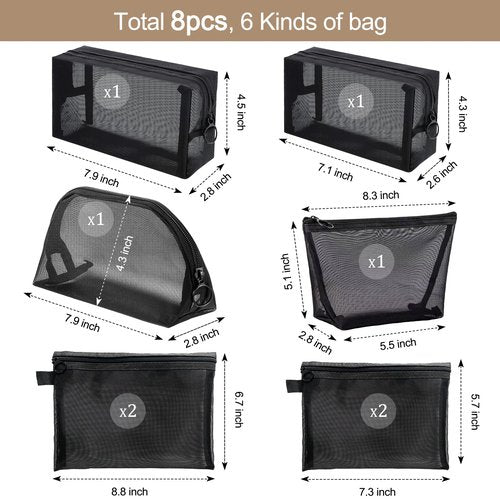 8 Pieces Mesh Makeup Bag Set,Cosmetic Bags Make up pouch,Portable Clear Travel Toiletry Makeup Kit Bag Organizer Mesh Zipper Pouch Purse Beauty Storage Bags for Home Office Travel Accessories(Black)