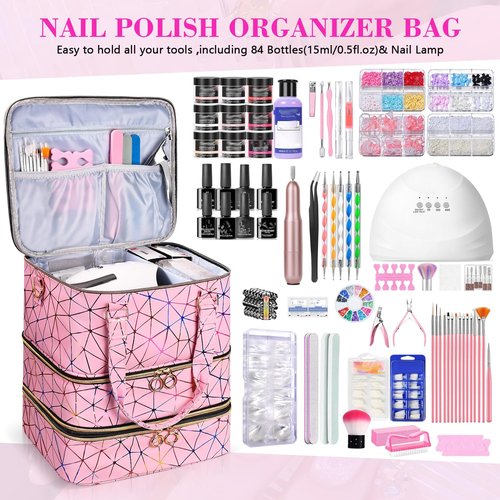 QIYFDDF Nail Polish Organizer Bag,3-layer Pink PU Leather Nail Organizer and storage,Holds 84 Bottles of Nail Polish and Nail Lamp,Large Holder Travel Carrying Case.