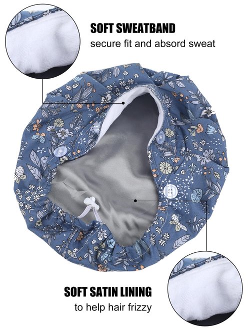 Floraltop 6 Pcs Satin Lined Scrub Caps Women Nurse Surgical Hat with Buttons Ponytail Working Adjustable Pouch Tie Back(Classic Style)
