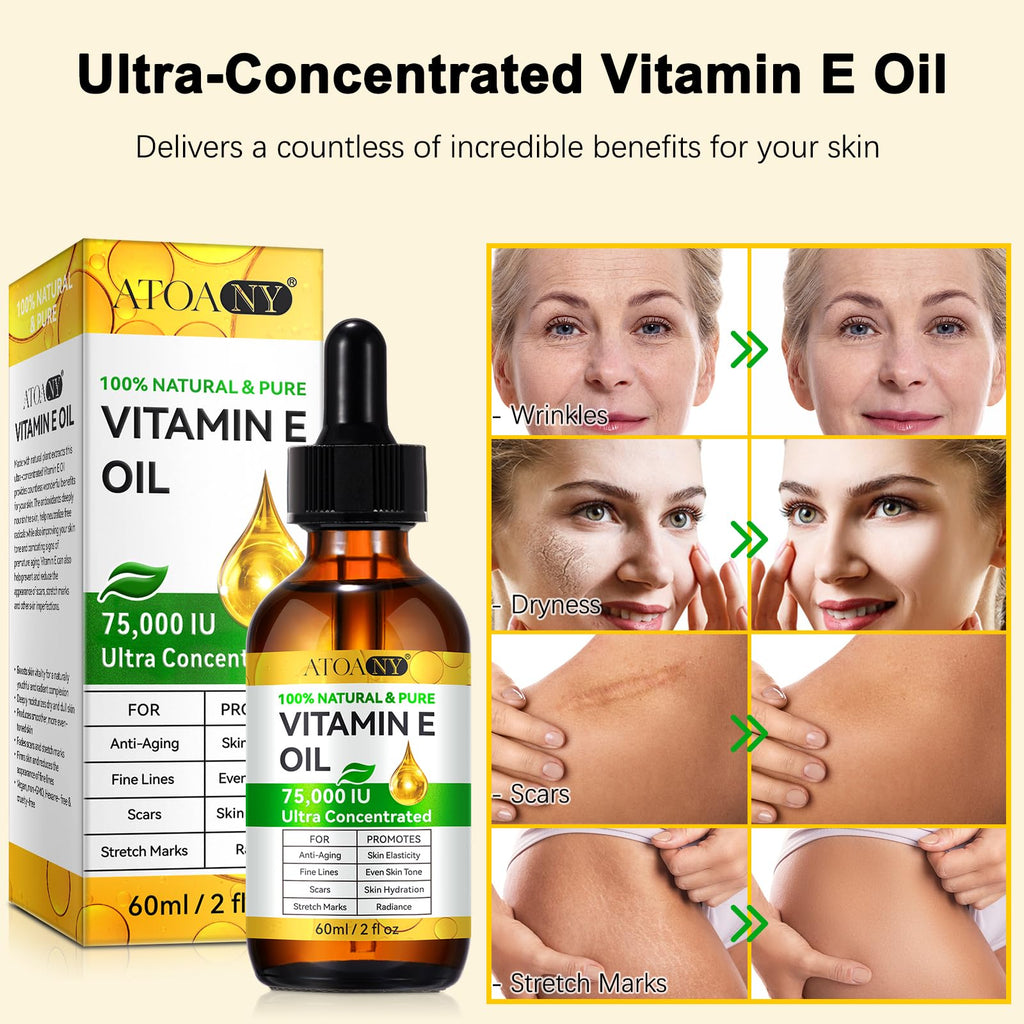 Vitamin E Oil 75,000 IU 2 Pack - 100% Pure Vitamin E Oil for Skin, Face, Hair, Body - Natural Antioxidant for Dryness, Wrinkles, Scars & Stretch Marks, Deep Hydration for Soft, Glowing Skin