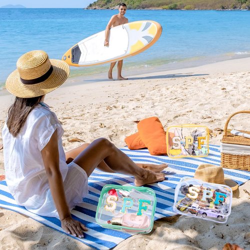 Kacctyen 12 Pcs Spf Clear Makeup Bags Bulk Waterproof Sunscreen Pouch Beach Pool Bag Chenille Letter Patch PVC Preppy Travel Toiletry Cosmetic Zipper Organizer for Women Girls Summer Vacation Gifts