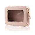 IRROMI Clear Makeup Case, Durable Saffiano Faux Leather Travel Cosmetic Bag, Toiletry Bag with Visual Window & Dual Zippers, Travel Essentials for Women (Pink, Medium)