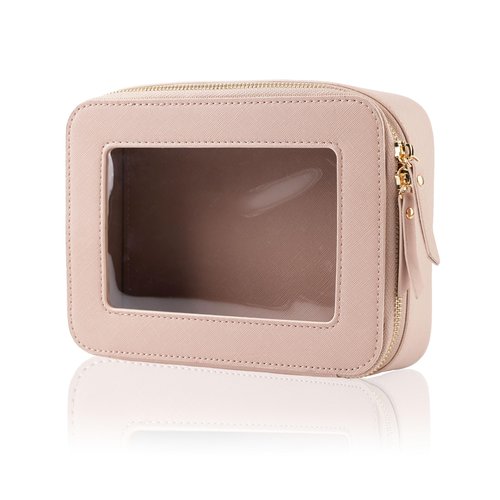 IRROMI Clear Makeup Case, Durable Saffiano Faux Leather Travel Cosmetic Bag, Toiletry Bag with Visual Window & Dual Zippers, Travel Essentials for Women (Pink, Medium)